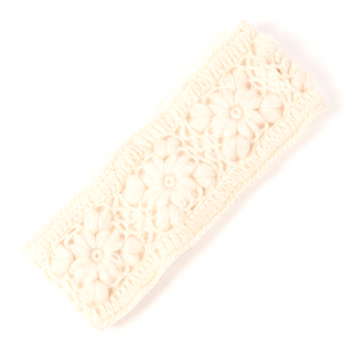 A white wool Flower Crochet Headband- SOLIDS on a white surface.