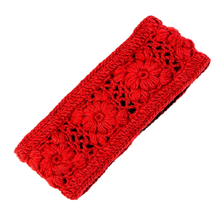 A handmade red Flower Crochet Headband - SOLIDS on a white background.