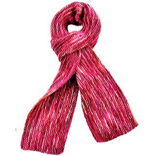 A pink and red striped marbled scarf with a knot in the middle, handmade in Nepal.