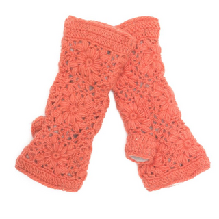 Flower Crochet Handwarmers: coral-colored, floral-patterned crochet hand warmers with open ends for fingers and thumbs, shown on a white background.