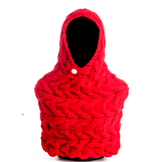 A red knitted Chunky Hood w/ Button with a chunky braid pattern and a single button closure, featuring a fleece-lined interior, displayed against a white background.