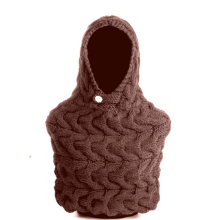 Chunky Hood w/ Button brown merino wool tote bag with cable stitch pattern and a single button closure.