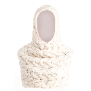 Knitted Chunky Hood with Button, fleece lined, and cable pattern, isolated on a white background.
