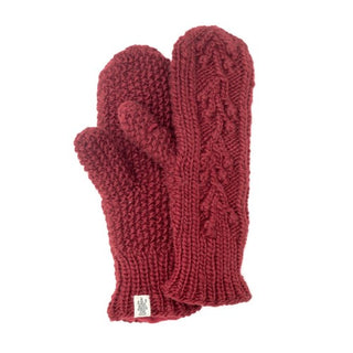 A pair of red Ball Knit Mittens w/ Fleece Lining handmade in Nepal isolated on a white background.