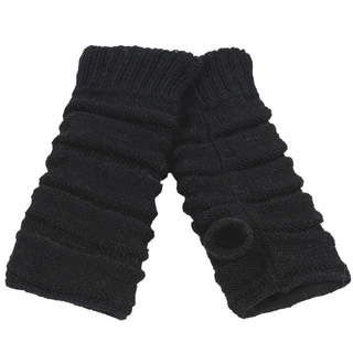 A pair of Reverse Step Handwarmers in black wool, knitted in a stripe tube design on a white background.