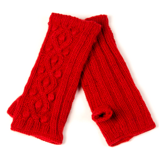 A pair of Tree Berry Handwarmers, handmade in Nepal, knitted mittens with cable pattern detail, displayed on a white background.
