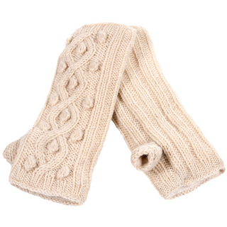 A pair of Tree Berry Handwarmers with cable stitch patterns, fleece lined and isolated on a white background.