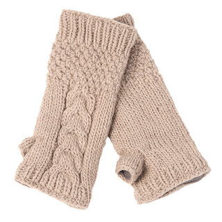 A pair of Cable Handwarmers made from organic materials.