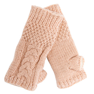 A pair of Cable Handwarmers on a white background, ideal for organic skincare routines.