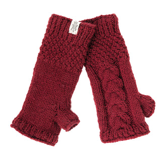 A pair of Cable Handwarmers in burgundy.