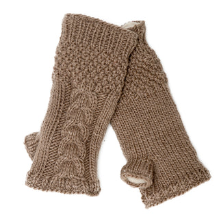 A pair of brown, organic Cable Handwarmers.