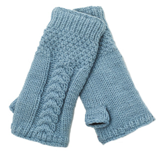 A pair of blue Cable Handwarmers made from organic materials.