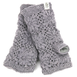 A pair of grey crocheted Metal Vein Handwarmers for women.