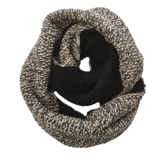 A handmade black and beige Sherpa Lined Infinity Scarf on a white background.