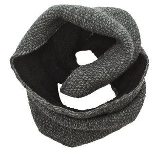 A handmade grey and black knitted Sherpa Lined Infinity Scarf on a white background.