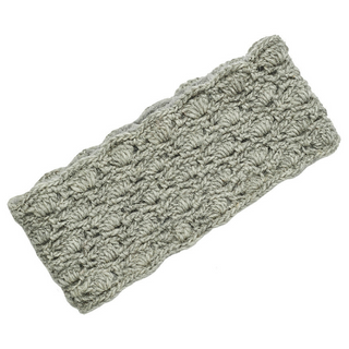 A gray knitted Lacey Headband with a Sherpa lining and a cable pattern, laid out flat on a white background.