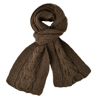 A brown Lucky Knit Scarf with tassels displayed on a white background.