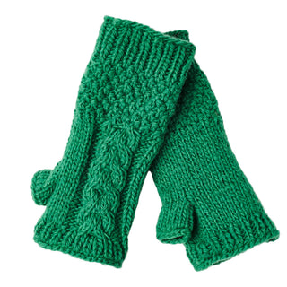 Cable Handwarmers: Green Merino wool fingerless gloves with a ribbed cuff and cable pattern on the back, shown on a white background—ideal for keeping hands warm in winter.