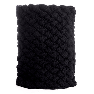 A black Holden Neckwarmer made of merino wool with a textured pattern, displayed against a white background.