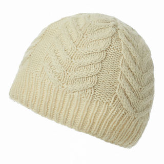 Handmade in Nepal, knitted Oxford Beanie hat with a cable pattern and fleece lining, isolated on a white background.