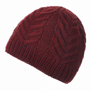 A red knitted Oxford Beanie with a cable stitch pattern and fleece lining, displayed against a white background.