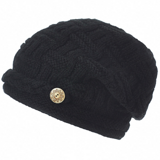 A black wool hat with a Daenerys Button Slouch on it.