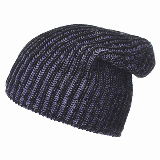 A black and purple Technic Slouch ribbed knit hat.