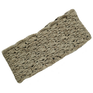 A beige crocheted Lacey Headband made with a cable stitch pattern and sherpa lining, displayed on a white background.
