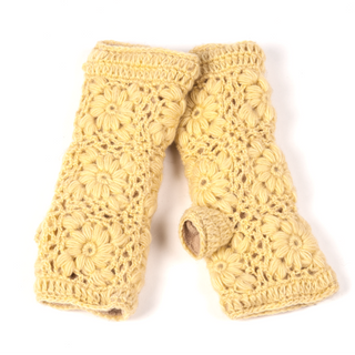 A pair of yellow Flower Crochet Handwarmers made from wool, featuring a floral crochet pattern, thumb hole, and open ends for fingers. These cozy fingerless gloves are displayed flat on a white background.