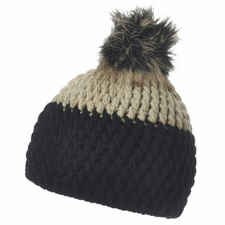 A Dimensions Crochet Beanie with Faux Fur Pom featuring black on the lower half and beige on the upper half.