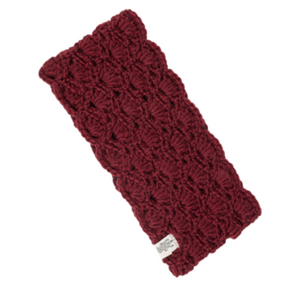 A burgundy crocheted Lacey Headband with a visible label on a white background, made from Nepal wool.