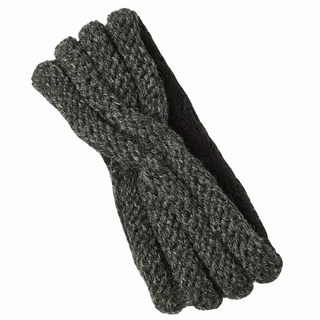 A pair of black, wool knitted Veronica Headbands with a turban design on a white background.