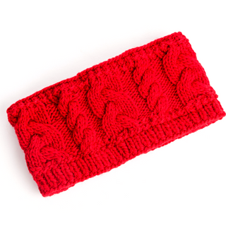 A Carousel Headband with Rib with a cable stitch pattern and fleece lining on a white background, handmade in Nepal.