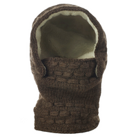 The Hand Knit Legends Hood is a brown basketweave-patterned knit balaclava featuring a cream fleece lining, designed as a unisex neckwarmer that covers the head, neck, and lower face, with an opening for the eyes and nose.