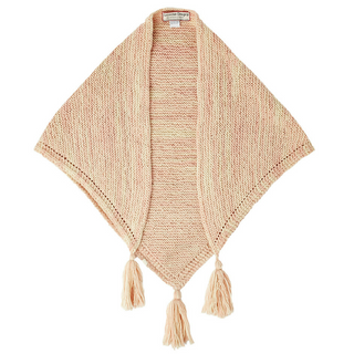 A Trifecta Shawl in peach and cream colors with tassels displayed against a white background.
