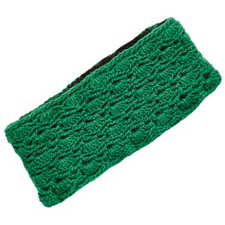 A green knitted Lacey Headband with sherpa lining laid out flat on a white background.