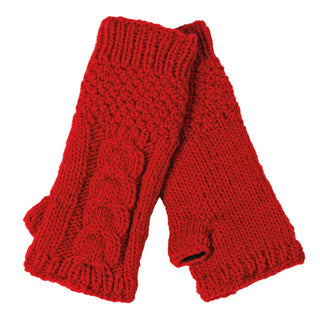 Cable Handwarmers in red, featuring a classic cable knit pattern, are displayed flat on a white background—ideal winter gloves for women seeking stylish warmth while keeping their fingers free.