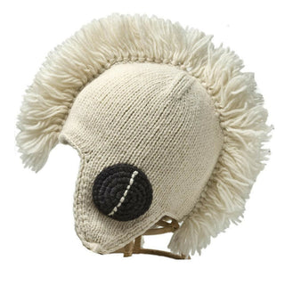 Spartan Mohair Mohawk plush sheep toy in profile view, featuring cream-colored mohair blend woolly textures and a black stitched eye, accessorized with a Mohawk hat.