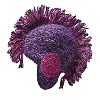 A purple Spartan Mohair Mohawk hat with a distinctive pink and purple fringed pompom on top, isolated on a white background.