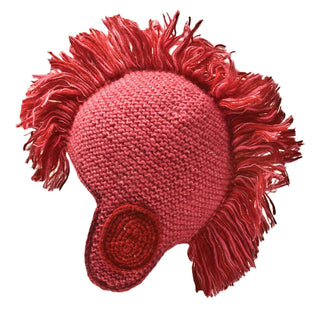 A red, Spartan Mohair Mohawk winter hat with a pom-pom and fringes designed to resemble a stylized Mohawk hairstyle, handmade in Nepal.