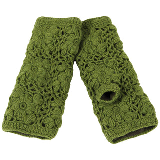 The Flower Crochet Handwarmers are green with a floral pattern and thumb opening, shown laid flat on a white background.