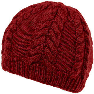 A red merino wool Cable Beanie, handmade in Nepal.
