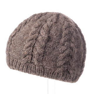 A brown, handmade in Nepal merino wool Cable Beanie displayed on a white background.