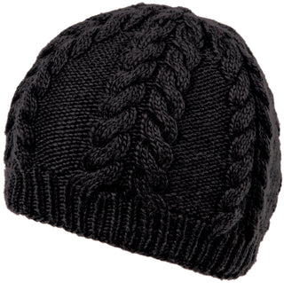 A black merino wool Cable Beanie hat, handmade in Nepal.