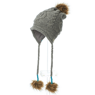 A grey merino wool knit hat with brown pompoms, featuring a Frontside Slouch design.