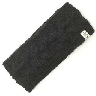 A black Full Soho headband with a cable knit pattern and a small label attached to one side, displayed on a white background.