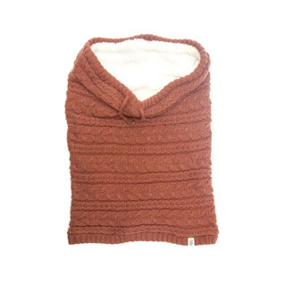 A Lou Neckwarmer brown knitted hoodie with a white hood.