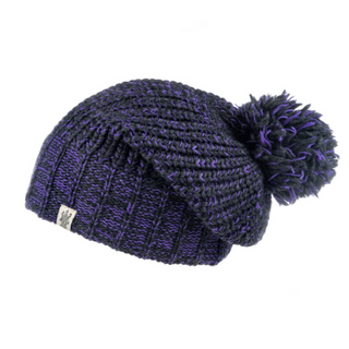 A Union Slouch handmade in Nepal purple knitted beanie with a pompom on top, displayed against a white background.