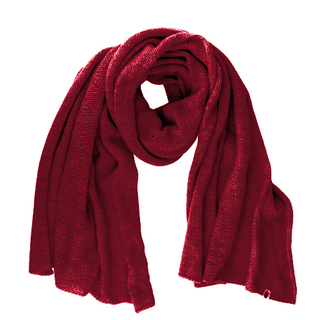 A handmade red Air Wrap Scarf on a white background.