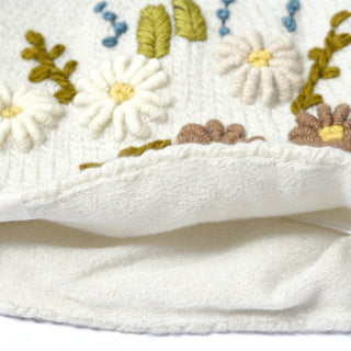 Close-up of the Hand Knit Bloom Hat, a white wool hat adorned with embroidered flowers in yellow, green, brown, and blue, and finished with a soft fleece-like lining at the hem.